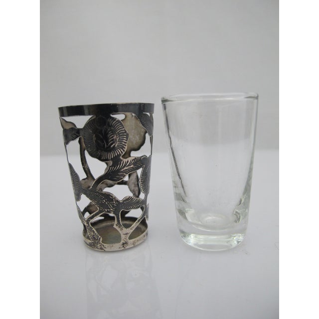 Mexican Sterling Silver Floral Overlay Cordial Shot Glass Set With Tray For Sale - Image 10 of 11