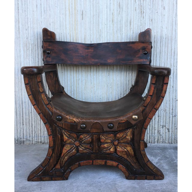 20th Spanish Polichromed & Carved Savonarola Wooden Armchair Leather Seat For Sale - Image 6 of 13