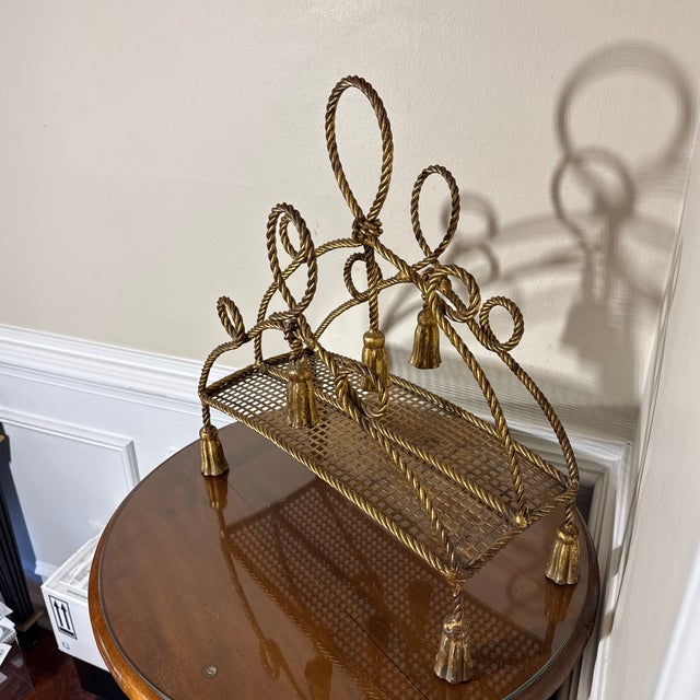 Italian Mid 20th Century Italian Mid-Century Gilded Rope Tassels Magazine Book Rack For Sale - Image 3 of 9