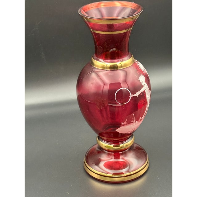 Ruby Red Mary Gregory–Style Enamel Vase With Gold Trim For Sale - Image 4 of 7