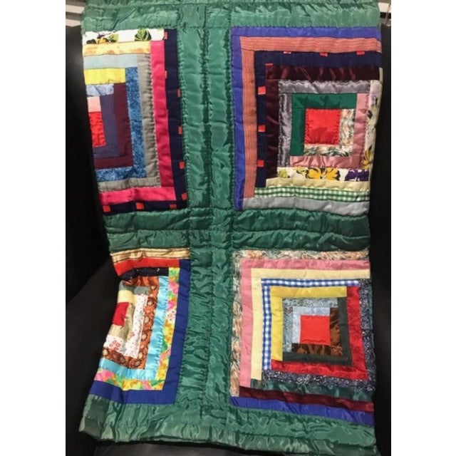 Green Satin Log Cabin Quilt For Sale - Image 4 of 7