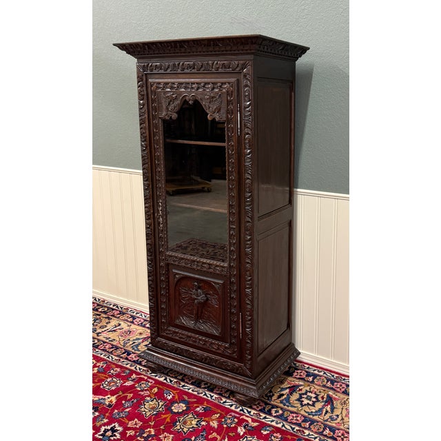 Beautifully Carved Antique French Chestnut Breton Bookcase Armoire Bonnetiere Linen Cabinet with Wavy Glass Door~~c. 1890s...