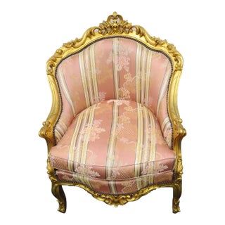 French Rococo Heavy Carved Painted Gold Large Side Fireplace Chair For Sale