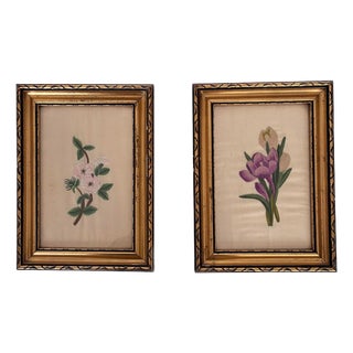 Vintage Framed Flower Embroideries on Silk, Set of 2 For Sale