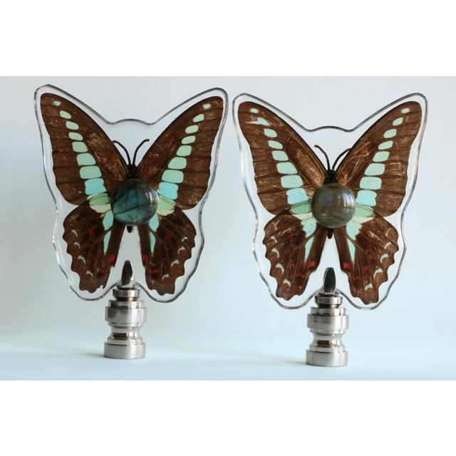 Butterfly Lamp Finials on Chrome Hardware - a Pair For Sale - Image 4 of 4