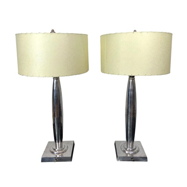 Pair Mid-Century Modern aluminum table lamps, French, ca. 1960's, with new hand-sewn custom-made, laced shades, 33 inches...
