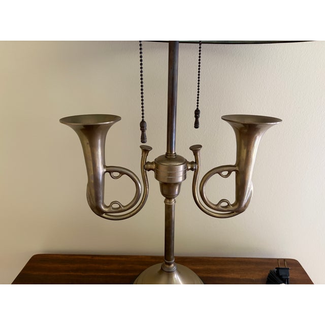 Mid 20th Century English Country Brass Horn Bouillotte Lamp With Black Tole Shade For Sale In South Bend - Image 6 of 13