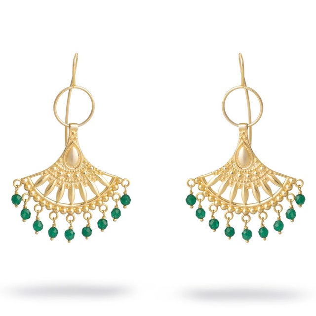 Gold Bohemian Style Jade Sunburst Dangle Earrings, A Pair For Sale - Image 8 of 8