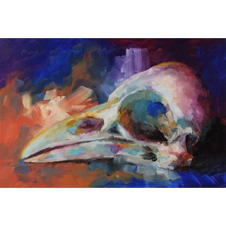 Crow Skull by John McLeod | Oil on Aluminum Still life of a crow skull on a colorful background For Sale