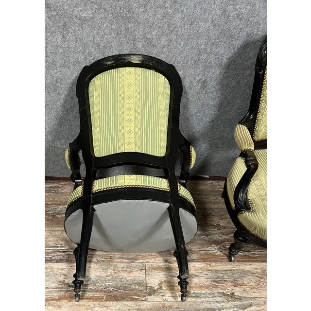 Set of Napoleon III Armchairs in Black Lacquered Wood, 1850s For Sale - Image 6 of 7