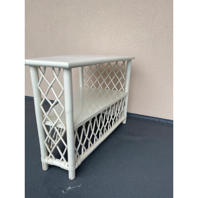 1950s 1950’s Henry Olko for Willow & Reed White Lattice Rattan Triangular Corner Table For Sale - Image 5 of 13