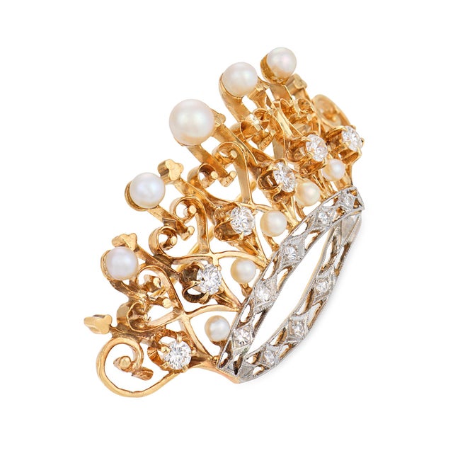 Mid 20th Century Retro Pearl Diamond 14k Yellow Gold Platinum Crown Brooch For Sale - Image 4 of 6