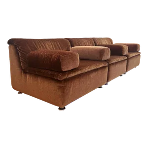 1970s Brown Velvet Velour Sofa Sectional 3 Piece Lounge Chairs, Mario Bellini Attributed