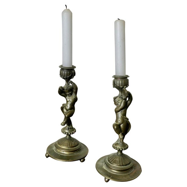 19th Century Brass Candleholders with Dancing Cherubs, Set of 2 For Sale - Image 9 of 9