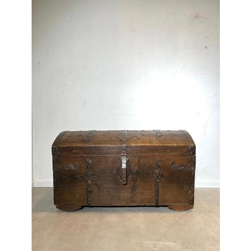 Authentic 18th century oak storage trunk dated 1766, featuring a beautiful domed lid and original hand-forged iron...