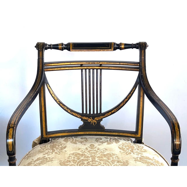Early 19th Century Pair English Regency Ebonized and Parcel-Gilt Armchairs With Caned Seat For Sale - Image 5 of 13