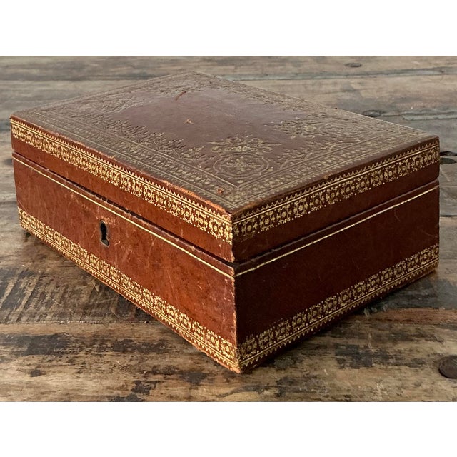 Wood Vintage Boho Spaulding and Co. Gold Leaf Tooled Leather Box For Sale - Image 7 of 12