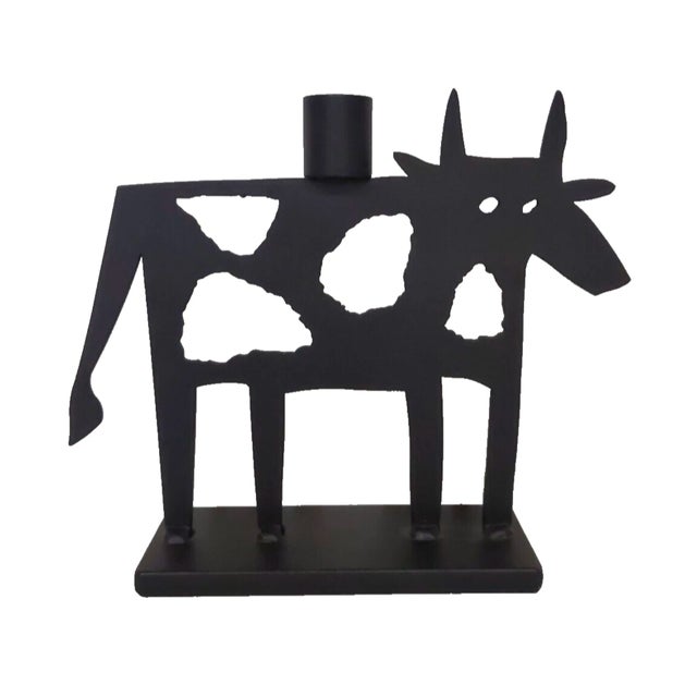 Abstract VTG Pair Metal Art Abstract Cow Candle Holders Sculptures Black Far Side Heavy For Sale - Image 3 of 11