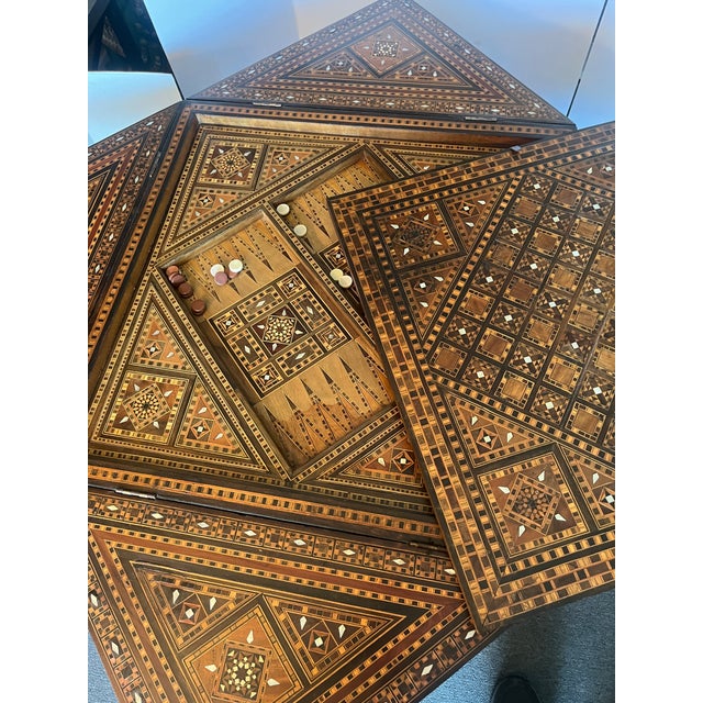 Anglo Indian Early 20th Century Hand Crafted Anglo-Indian or Inlaid Syrian Marquetry & Mother of Pearl Game Table Backgammon, Chess, Checkers For Sale - Image 4 of 14