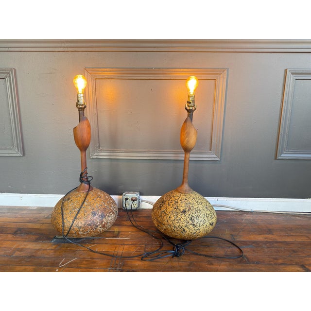 1970s Cork and Walnut Tulip Table Lamps Attributed to Adiran Pearsall For Sale - Image 13 of 13