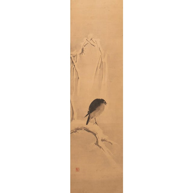 1920s 1920s Late Meiji to Early Showa Japanese Watercolor Scroll "The Crow and the Snow" For Sale - Image 5 of 12
