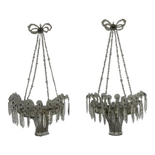 1920s Rare Italian Crystal Beaded Basket With Prisms Mirrors Sconces For Sale