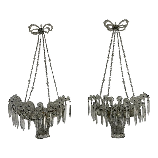 1920s Rare Italian Crystal Beaded Basket With Prisms Mirrors Sconces For Sale