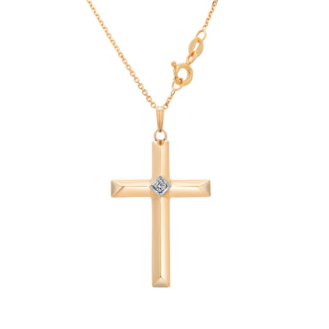 14k Yellow Gold Cross Pendant With Diamond and Chain For Sale In New York - Image 6 of 10