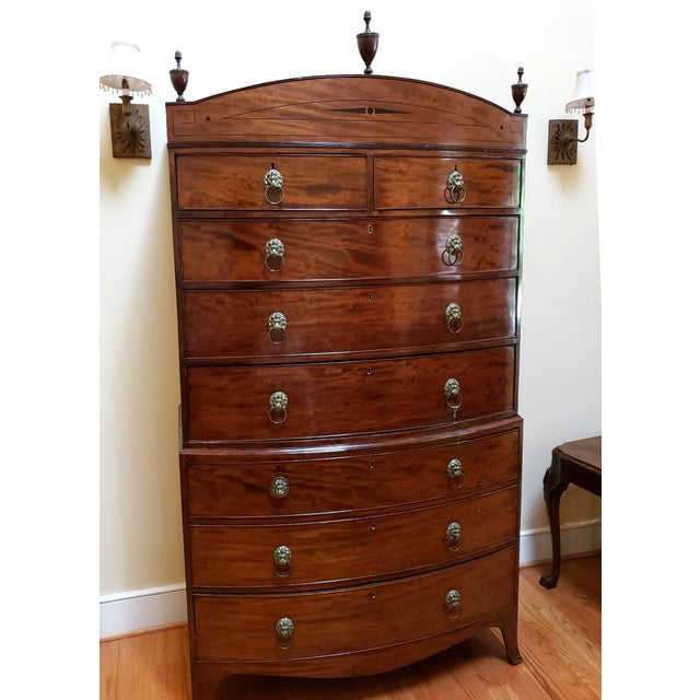 English English Regency Mahogany Bow-Front Chest-on-Chest With Ebony Inlay & Lion-Head Pulls, C. 1810–1820 For Sale - Image 3 of 10