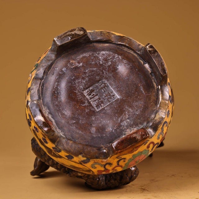 Metal Vintage Cloisonne Enamel Dragon Sculpture – 9.1" Gilt Bronze Censer Figure For Sale - Image 7 of 10