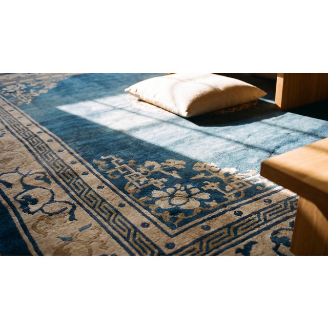 1920s Blue Navy Medallion Antique Chinese Peking Rug 8' 4" X 7' Knotted Pile Wool Carpet For Sale - Image 17 of 18