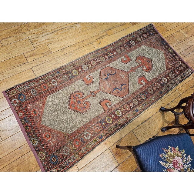 Antique Persian Malayer Runner Rug, Hand-Knotted Wool, Geometric Pattern, 3x7, Camelhair & Burgundy For Sale - Image 4 of 14
