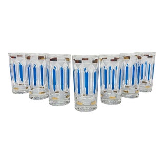 Vintage Mid Century Modern Highball Cocktail Glasses Blue Gold Frosted White - Set of 7 For Sale