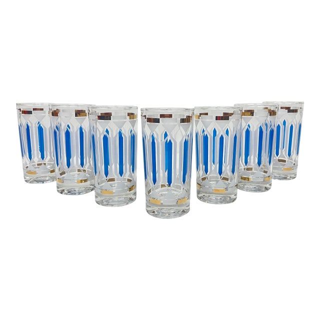 Vintage Mid Century Modern Highball Cocktail Glasses Blue Gold Frosted White - Set of 7 For Sale
