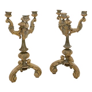 18th. Century French Blue Carved Wood Candelabrums - a Pair For Sale