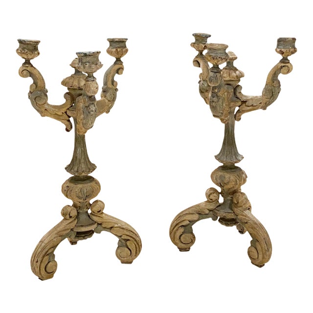 18th. Century French Blue Carved Wood Candelabrums - a Pair For Sale