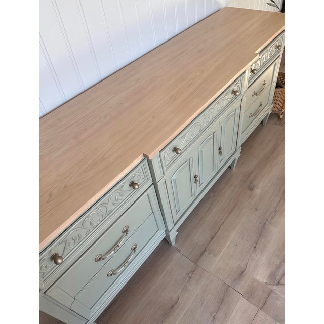 Traditional 1980s Professionally Refinished Thomasville Solid Wood Sideboard in Sage Green For Sale - Image 3 of 10