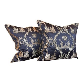 Pair of Large Custom Chinoiserie Chic Gold Pattern on the Black Decorative Pillows For Sale