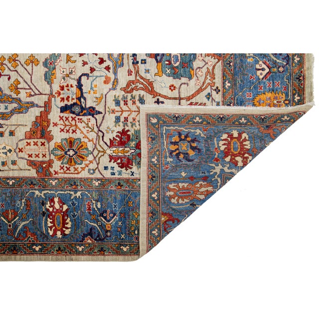Modern Modern Designed Serapi-Style Wool Rug in Beige and Blue For Sale - Image 3 of 9