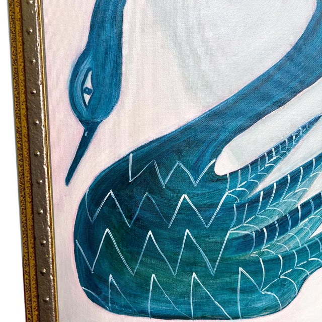 A captivating and deeply refined original painting featuring a majestic blue swan rendered in rich teal and navy against a...