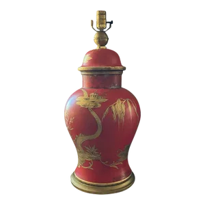 Ginger Jar Style Table Lamp, Vintage Red and Gold Chinoiserie, Hand-Painted