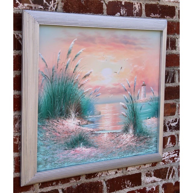 Vintage Coastal Beach Scene Original Oil Painting For Sale - Image 12 of 13