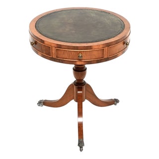 Antique Yew Wood Leather Top Drum Table, 1950s For Sale