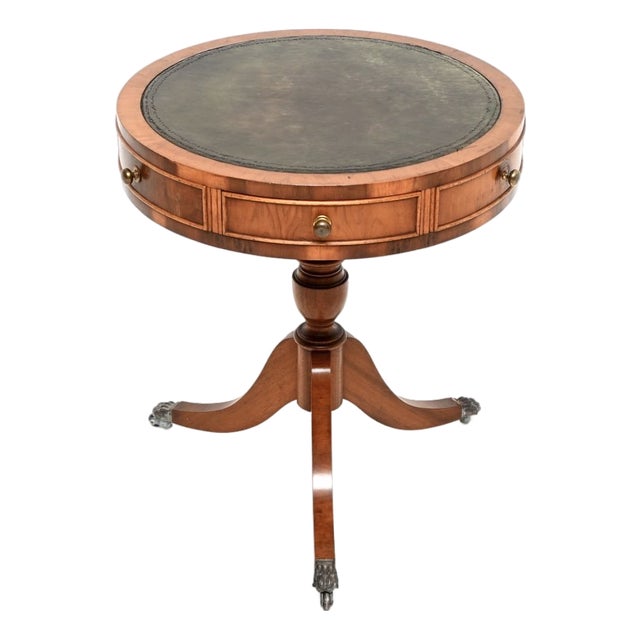 Antique Yew Wood Leather Top Drum Table, 1950s For Sale