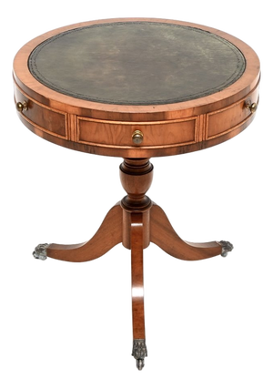 Antique Yew Wood Leather Top Drum Table, 1950s