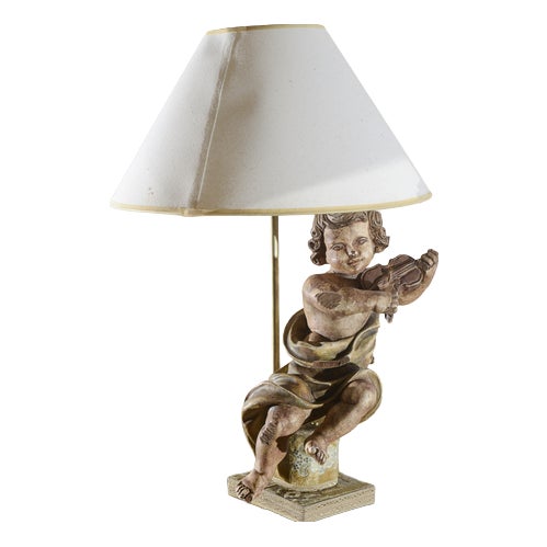 Wooden Angel Cherub Lamp with Violin For Sale