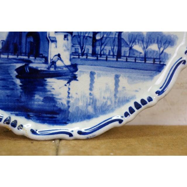 1920s Antique Dutch Delft Hand Painted Blue & White Plate Oostpoort Water Cityscape 6" For Sale - Image 5 of 8