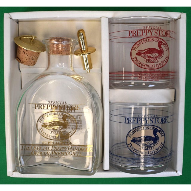 Box Sz: 7 1/2"H x 8"W Glasses Sz: 3"H x 3"D at rim Decanter Sz: 6 1/4"H x 4"W x 2 3/"D Official Preppy Store Purveyors of...