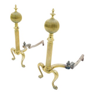 Pair of Antique Solid Brass Ball Top Claw Feet Fireplace 22" Tall End Irons MINT For Sale