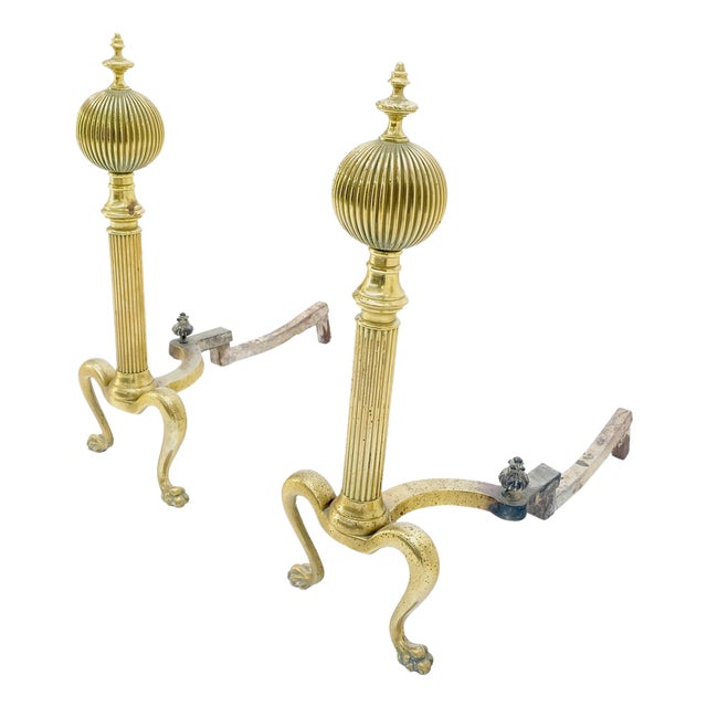 Pair of Antique Solid Brass Ball Top Claw Feet Fireplace 22" Tall End Irons MINT For Sale